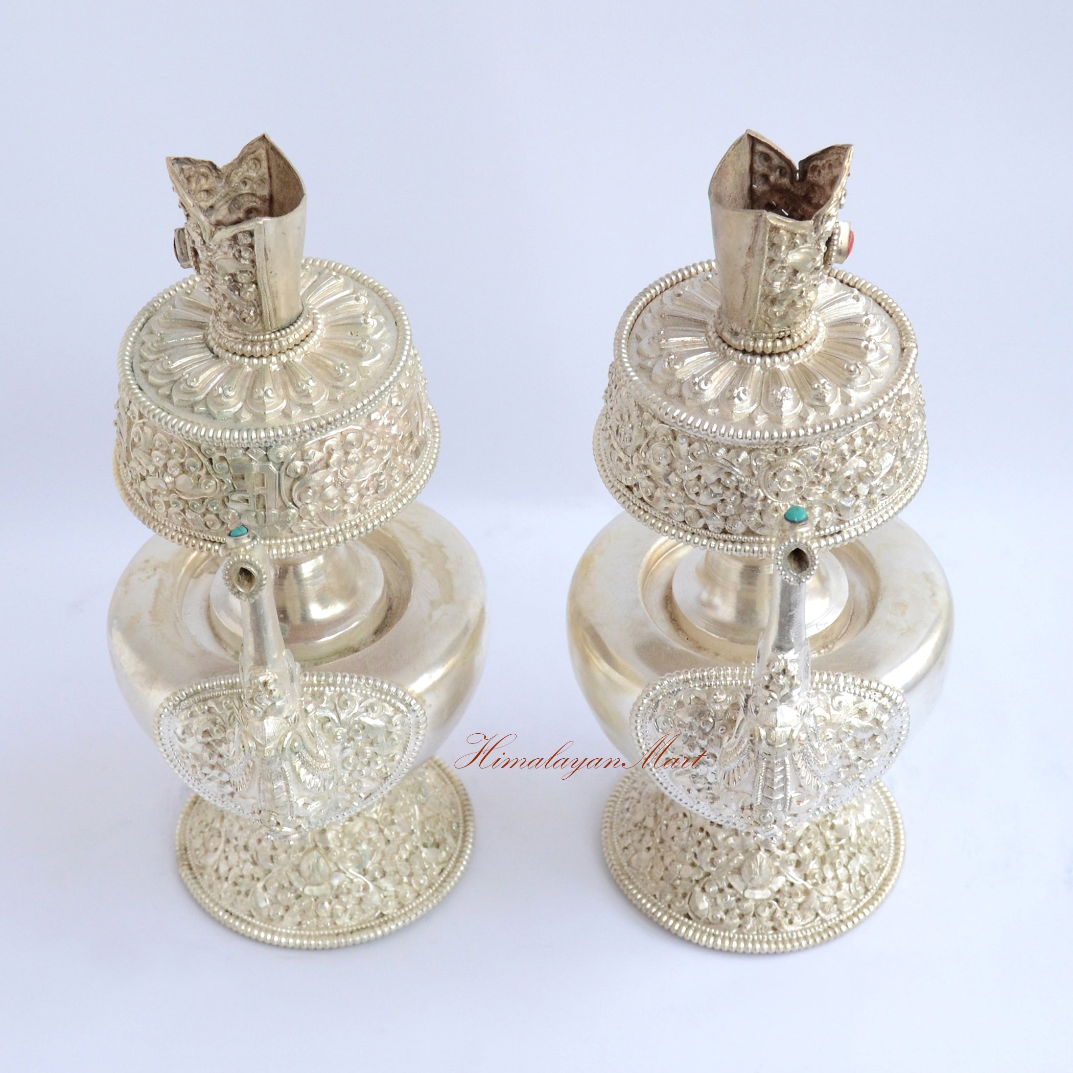 Top view of Silver-Plated Bhumba Ritual Set revealing upper rim detailing of Tibetan Buddhist purification water offering vases