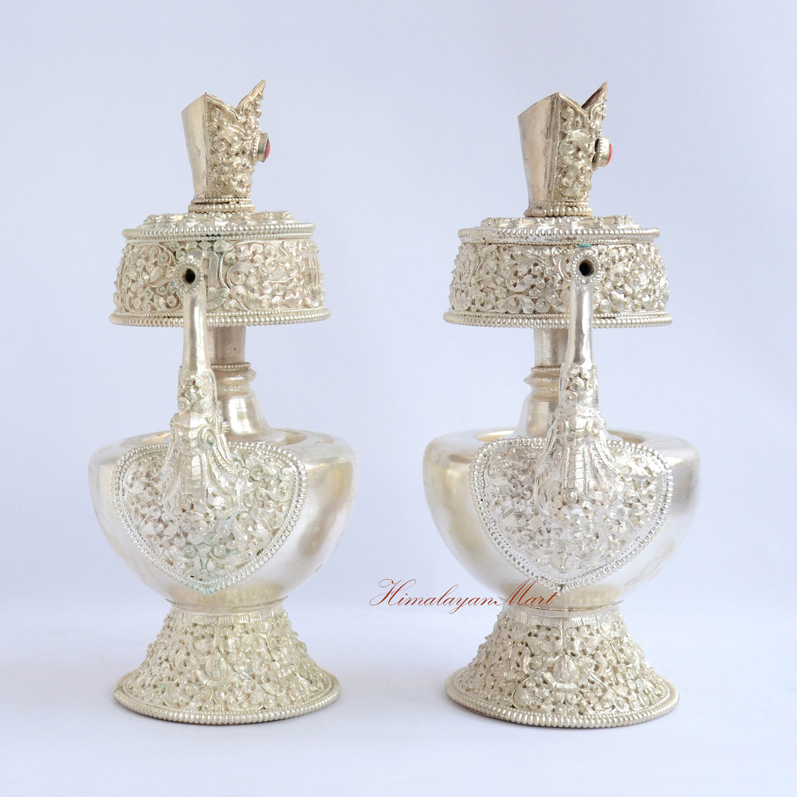 Silver-Plated Bhumba Ritual Set handcrafted Tibetan Buddhist purification vases with silver plating and gemstone adornments
