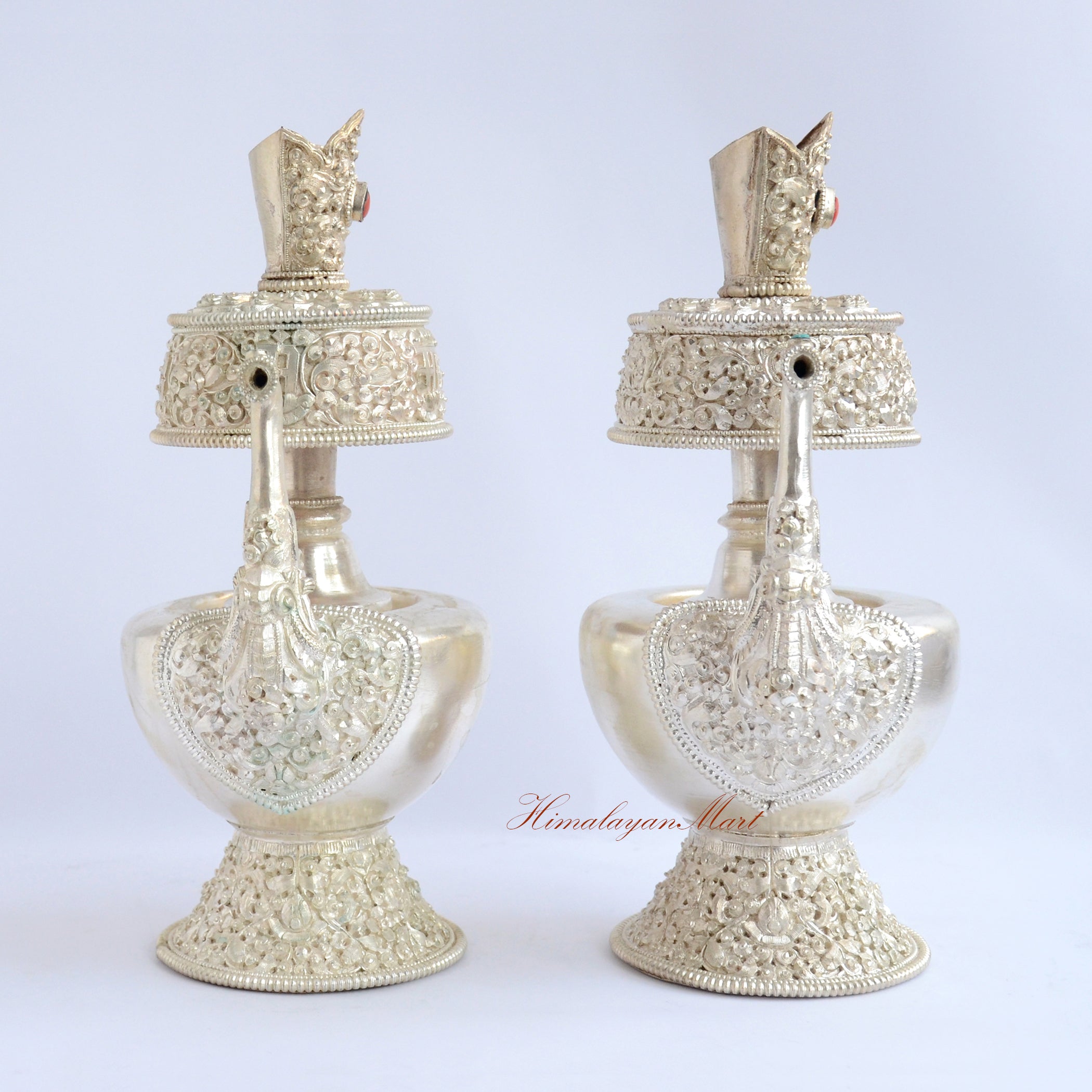 Silver-Plated Bhumba Ritual Set handcrafted Tibetan Buddhist purification vases with silver plating and gemstone adornments