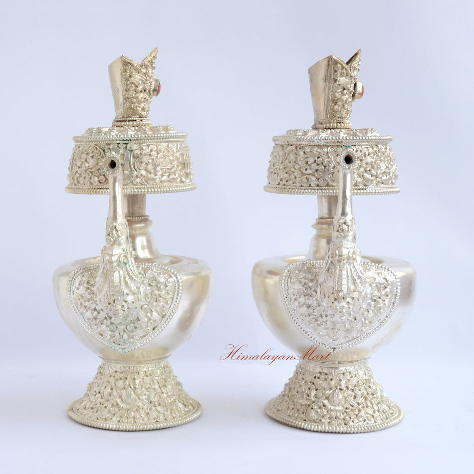 Silver-Plated Bhumba Ritual Set handcrafted Tibetan Buddhist purification vases with silver plating and gemstone adornments