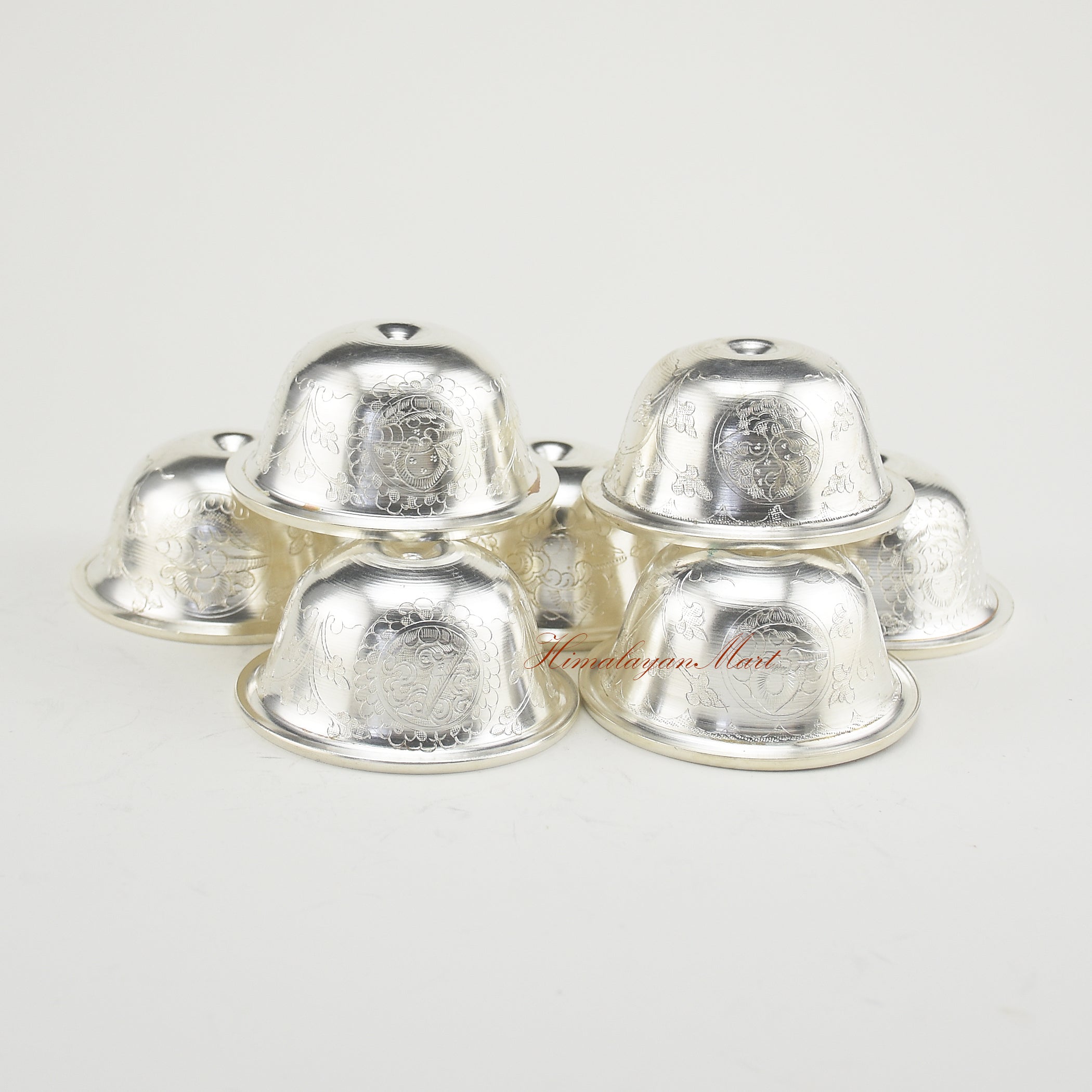 Top view of Silver-Plated Water Offering Bowls displayed for Tibetan altar ritual use