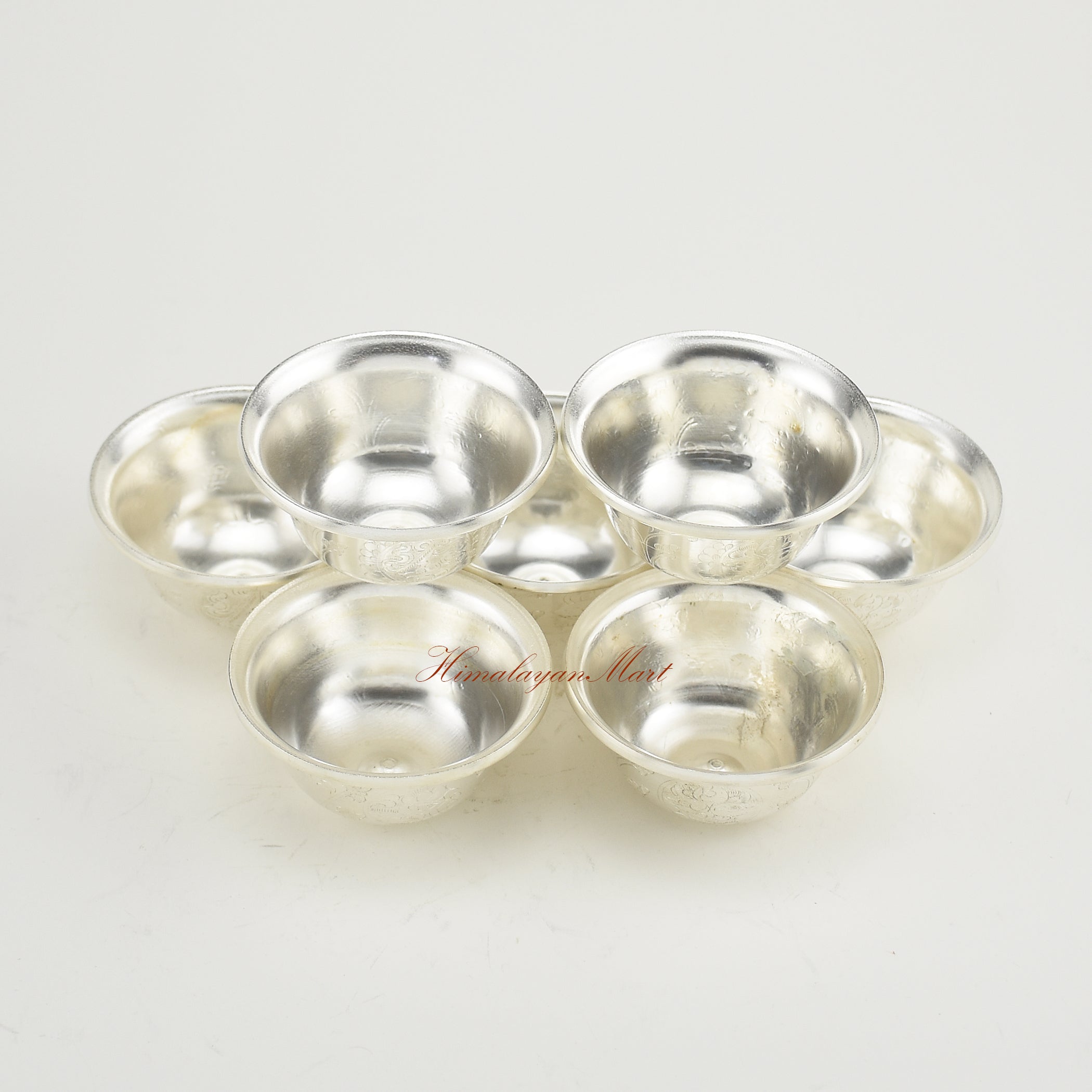 Upper perspective of Silver-Plated Water Offering Bowls set for daily spiritual offerings