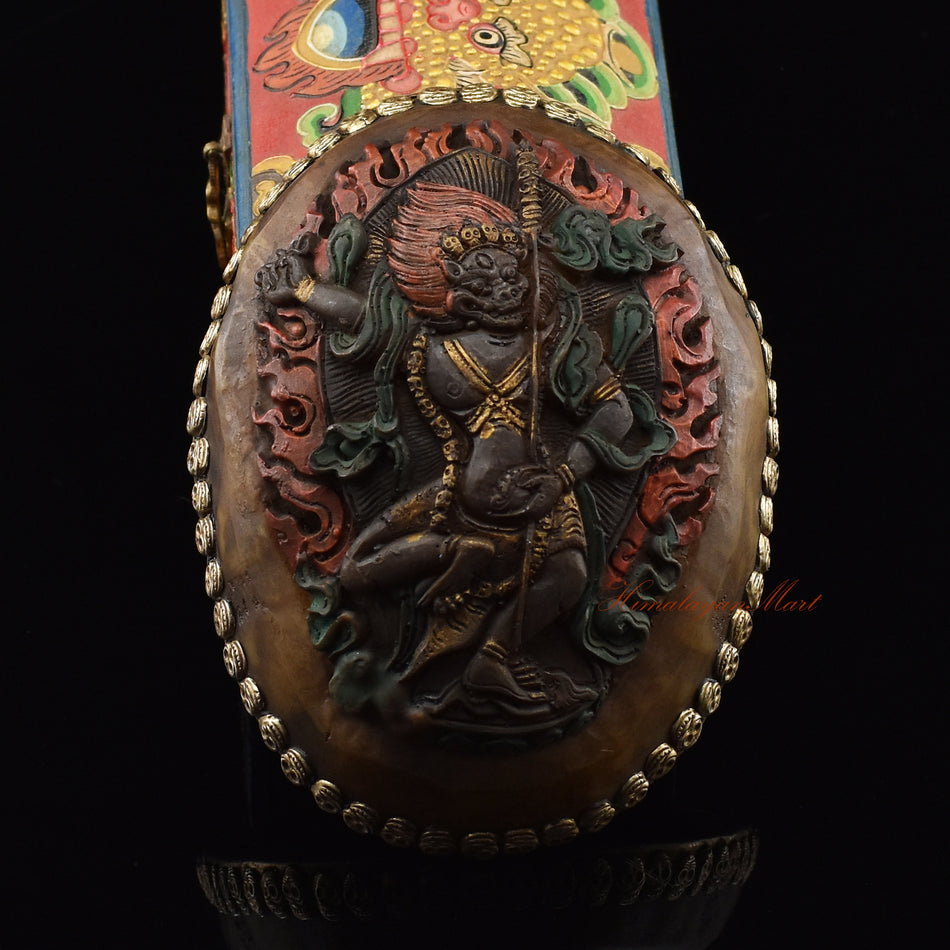 Simhamukha Dakini Resin Kapala with carved lion-faced dakini and hand-painted skull motifs