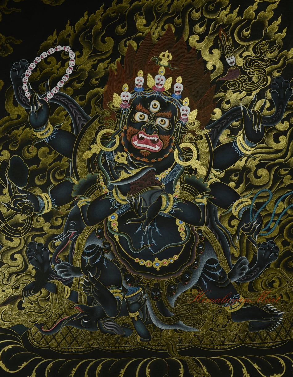 Detailed view of Six-Armed Mahakala Thangka showing intricate hand-painted Tibetan art