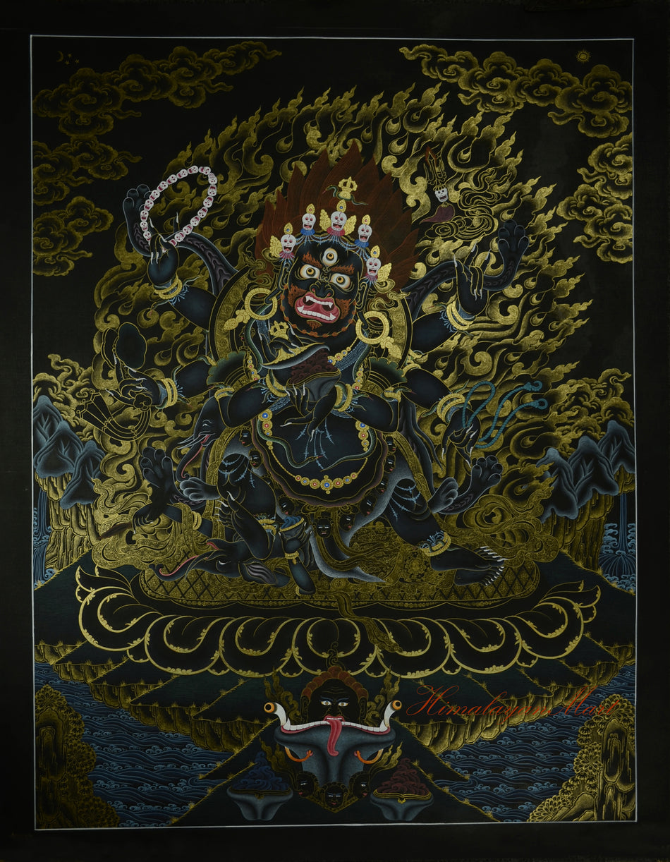 Six-Armed Mahakala Thangka painting featuring Shadbhuja Mahakala, Tibetan Buddhist protector deity