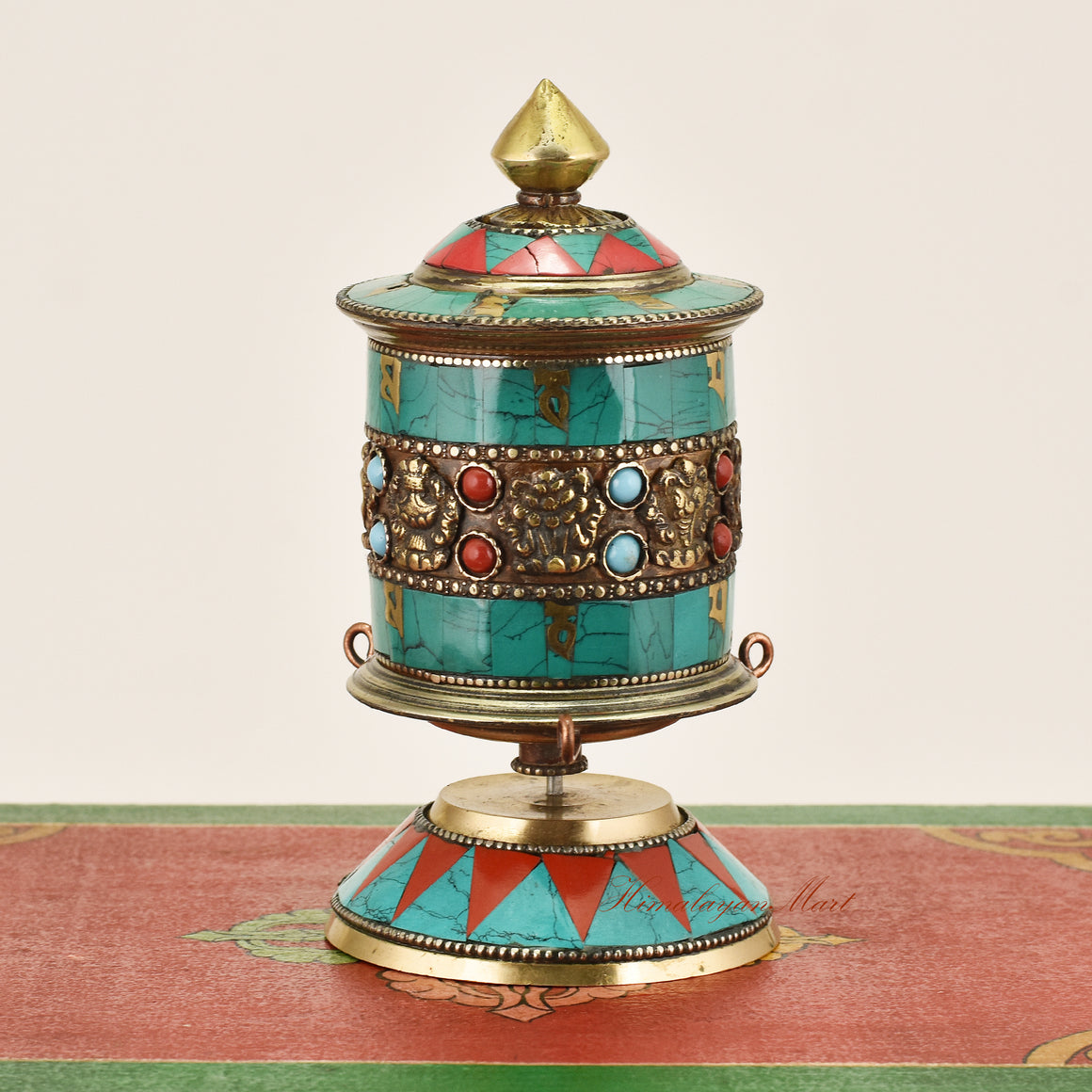 Back view of Small Tabletop Prayer Wheel – handcrafted Tibetan Buddhist ritual tool highlighting artisanal craftsmanship.