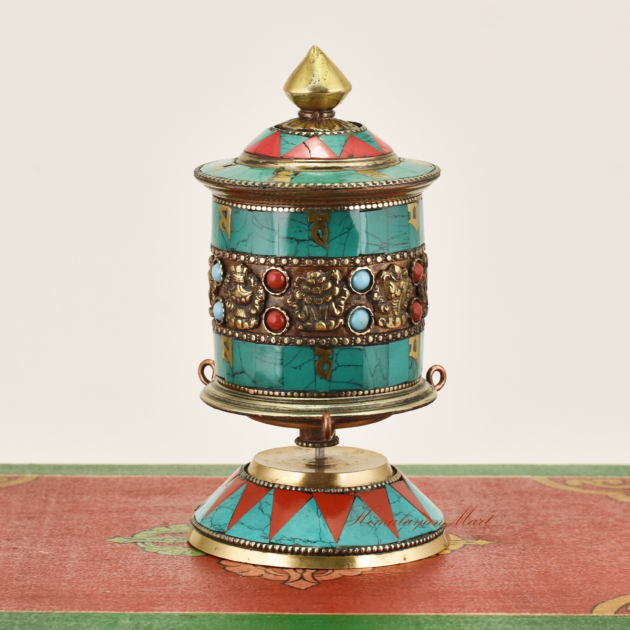 Back view of Small Tabletop Prayer Wheel – handcrafted Tibetan Buddhist ritual tool highlighting artisanal craftsmanship.