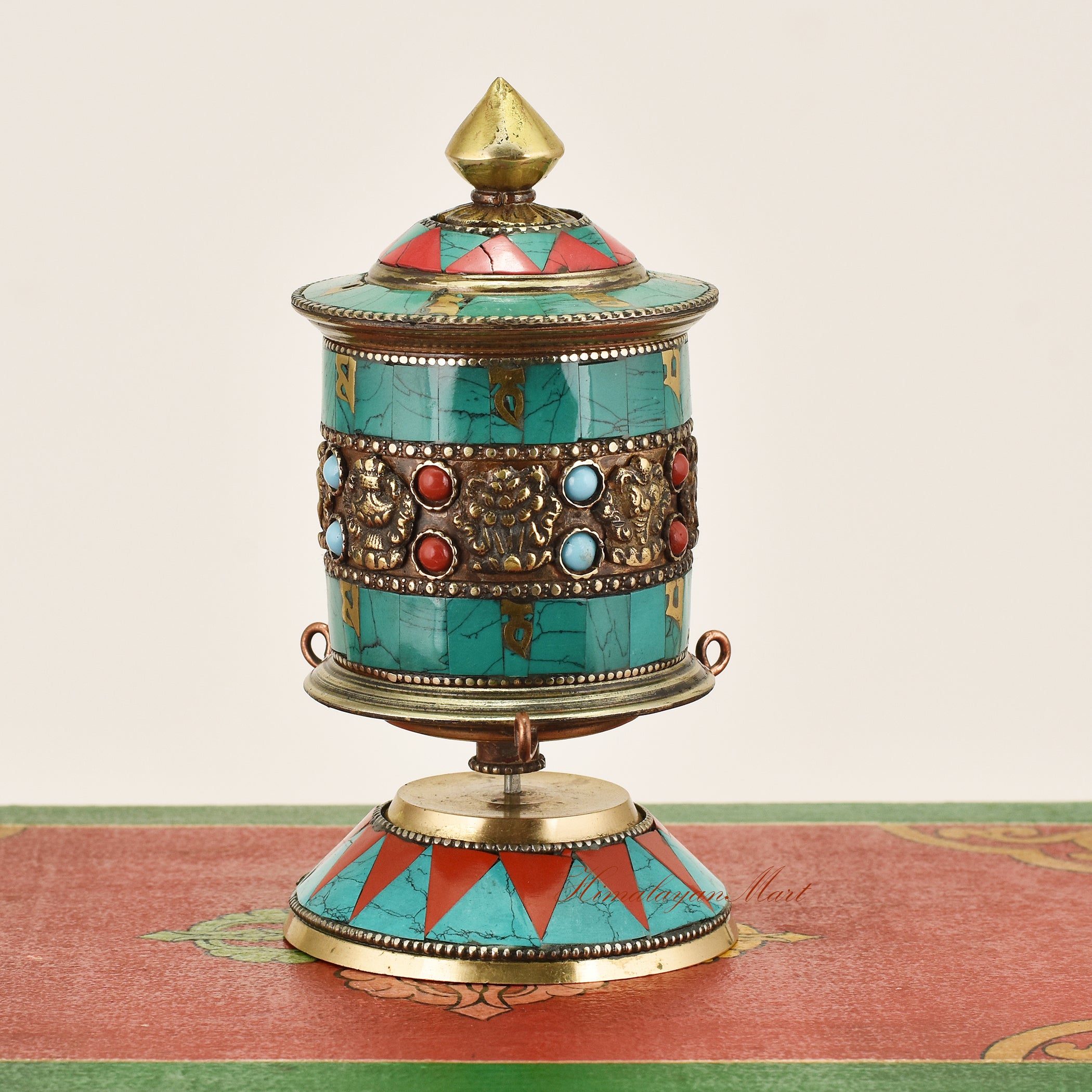 Small Tabletop Prayer Wheel – handcrafted Tibetan Buddhist ritual tool for mantra recitation and meditation.
