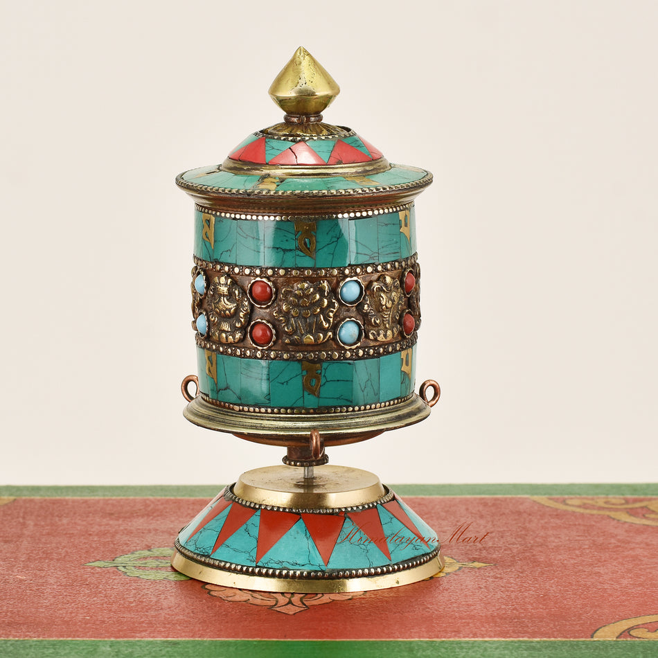 Small Tabletop Prayer Wheel – handcrafted Tibetan Buddhist ritual tool for mantra recitation and meditation.
