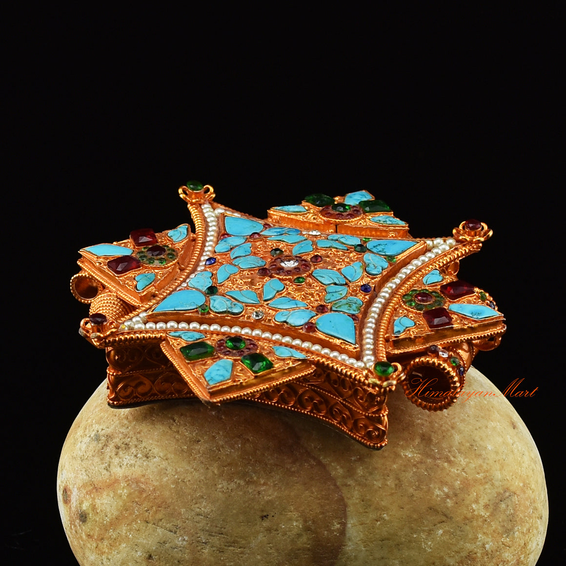 Left angle of Spiritual Prayer Box Jewelry highlighting gold and silver accents and stone detailing.