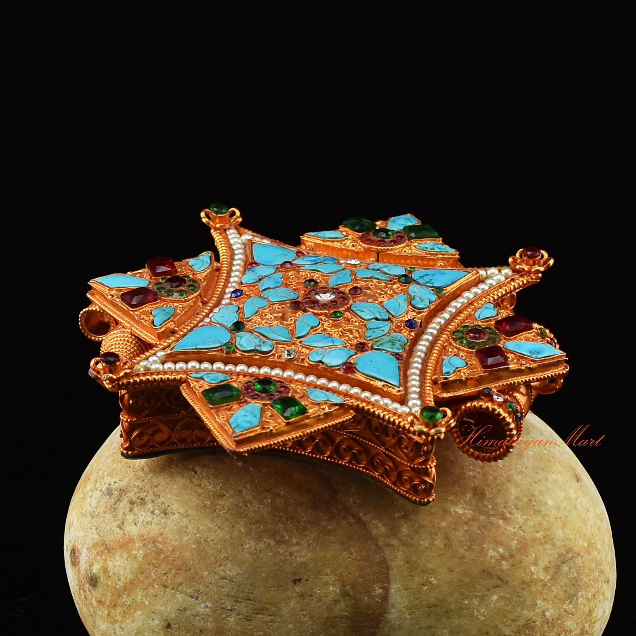 Left angle of Spiritual Prayer Box Jewelry highlighting gold and silver accents and stone detailing.