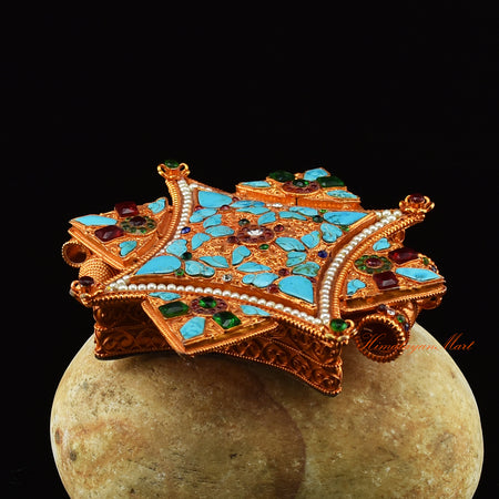 Left angle of Spiritual Prayer Box Jewelry highlighting gold and silver accents and stone detailing.