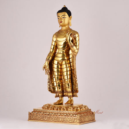 Left-side view of the Standing Maitreya Buddha Statue showcasing craftsmanship and spiritual symbolism of the Future Buddha.