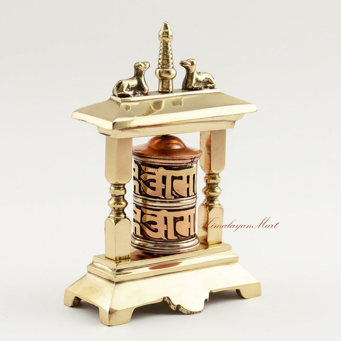 Right-side view of tabletop altar prayer wheel for Buddhist meditation and devotional altar use