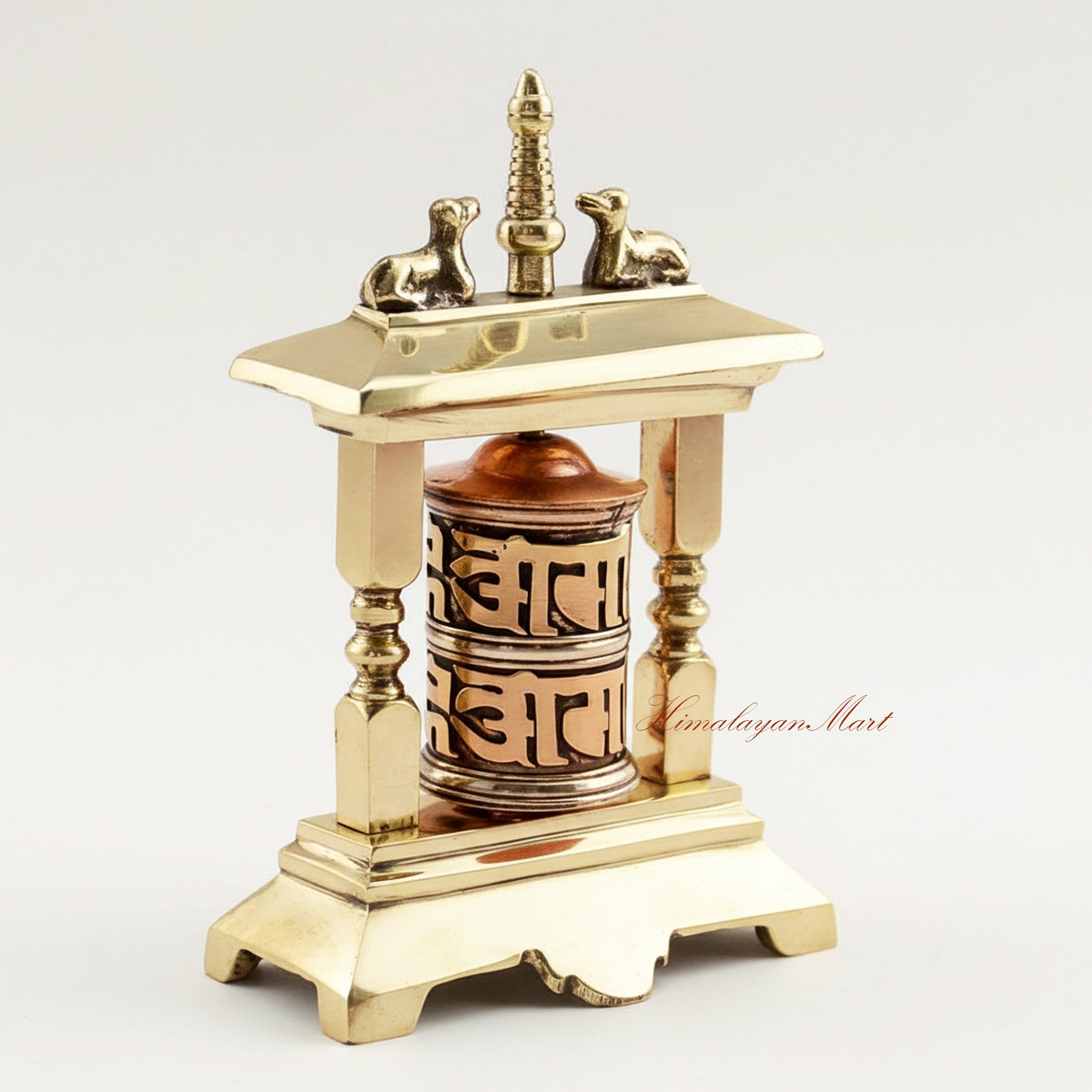Right-side view of tabletop altar prayer wheel for Buddhist meditation and devotional altar use