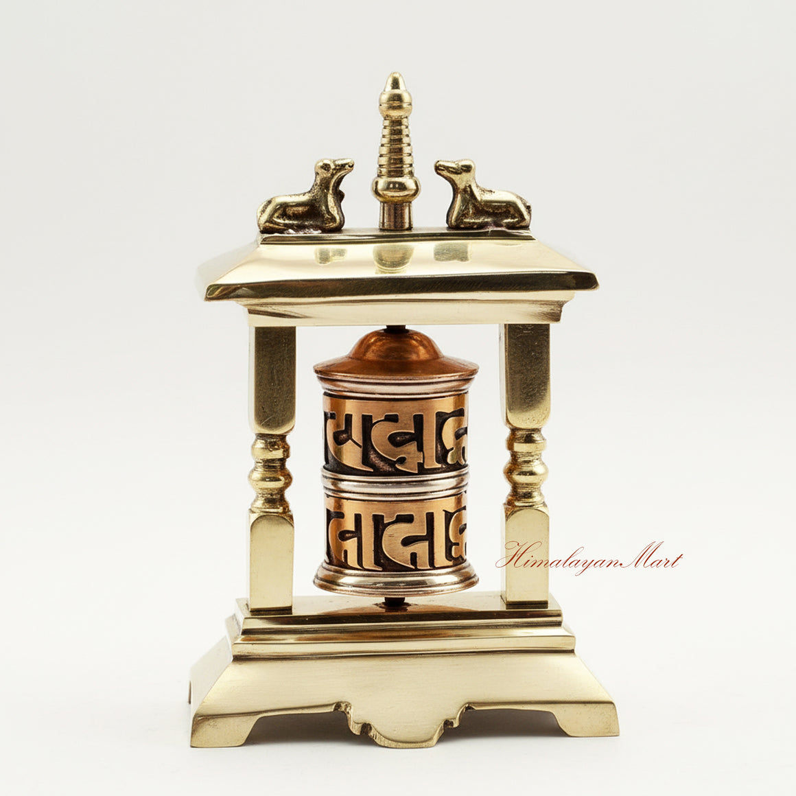 Tabletop altar prayer wheel used for Buddhist meditation and mantra practice, handcrafted ritual decor