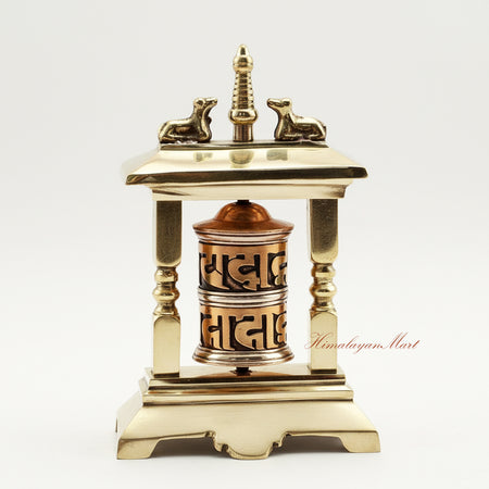 Tabletop altar prayer wheel used for Buddhist meditation and mantra practice, handcrafted ritual decor
