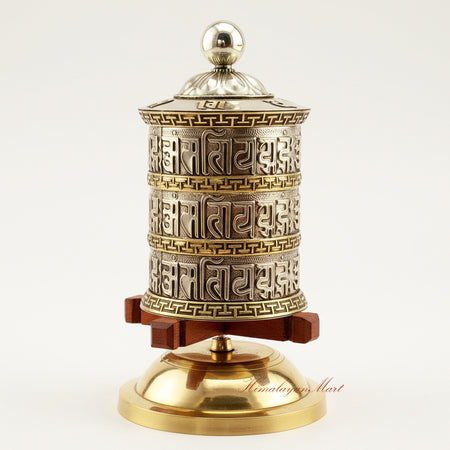 Tabletop Mani Prayer Wheel – handcrafted Tibetan Buddhist wheel for mantra recitation, made of copper, brass, white metal with wooden base.