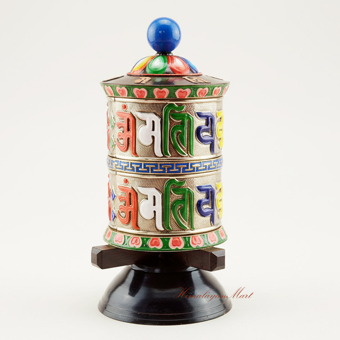 Tabletop Prayer Wheel handcrafted in traditional Tibetan style, Buddhist ritual wheel for altar and spiritual practice with intricate mantra carvings