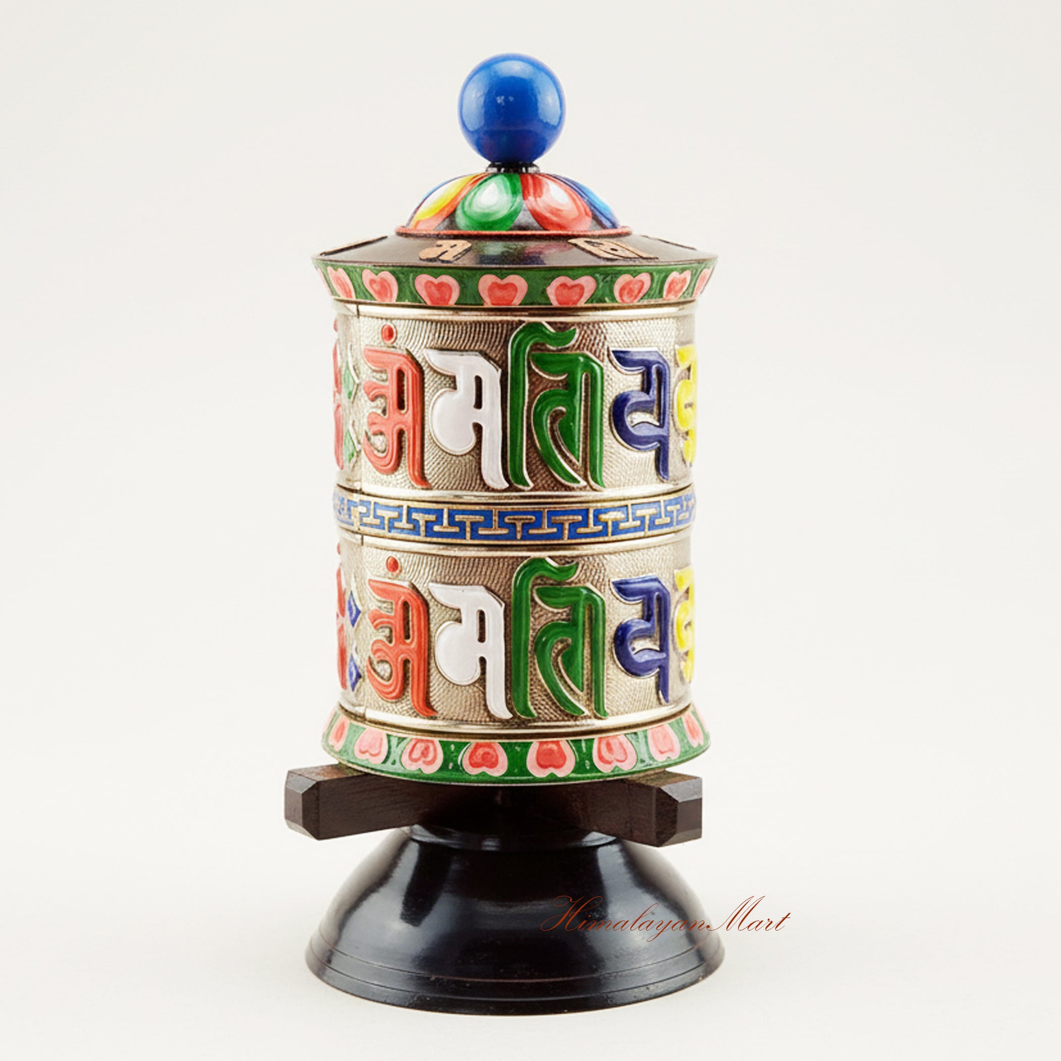 Tabletop Prayer Wheel handcrafted in traditional Tibetan style, Buddhist ritual wheel for altar and spiritual practice with intricate mantra carvings