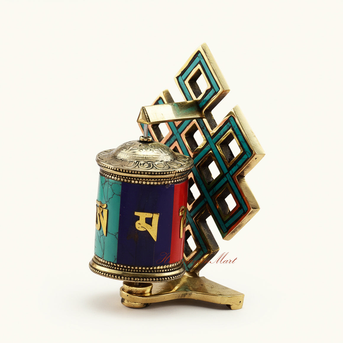 Left-side view of a Tabletop Ritual Prayer Wheel highlighting artisan craftsmanship and semi-precious stone inlay.
