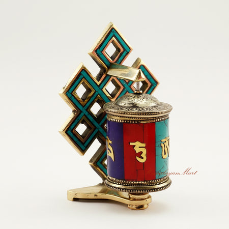 Right-side view of a Tabletop Ritual Prayer Wheel showing intricate mantra cylinder engravings and Endless Knot design.