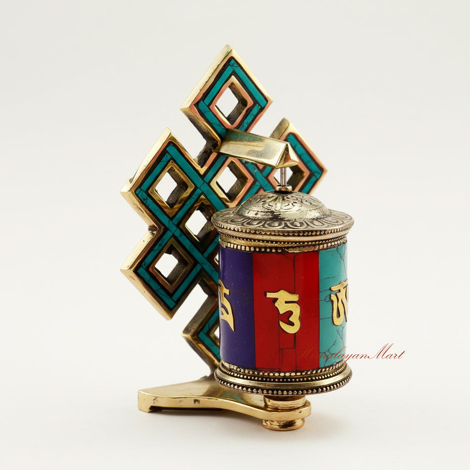 Right-side view of a Tabletop Ritual Prayer Wheel showing intricate mantra cylinder engravings and Endless Knot design.