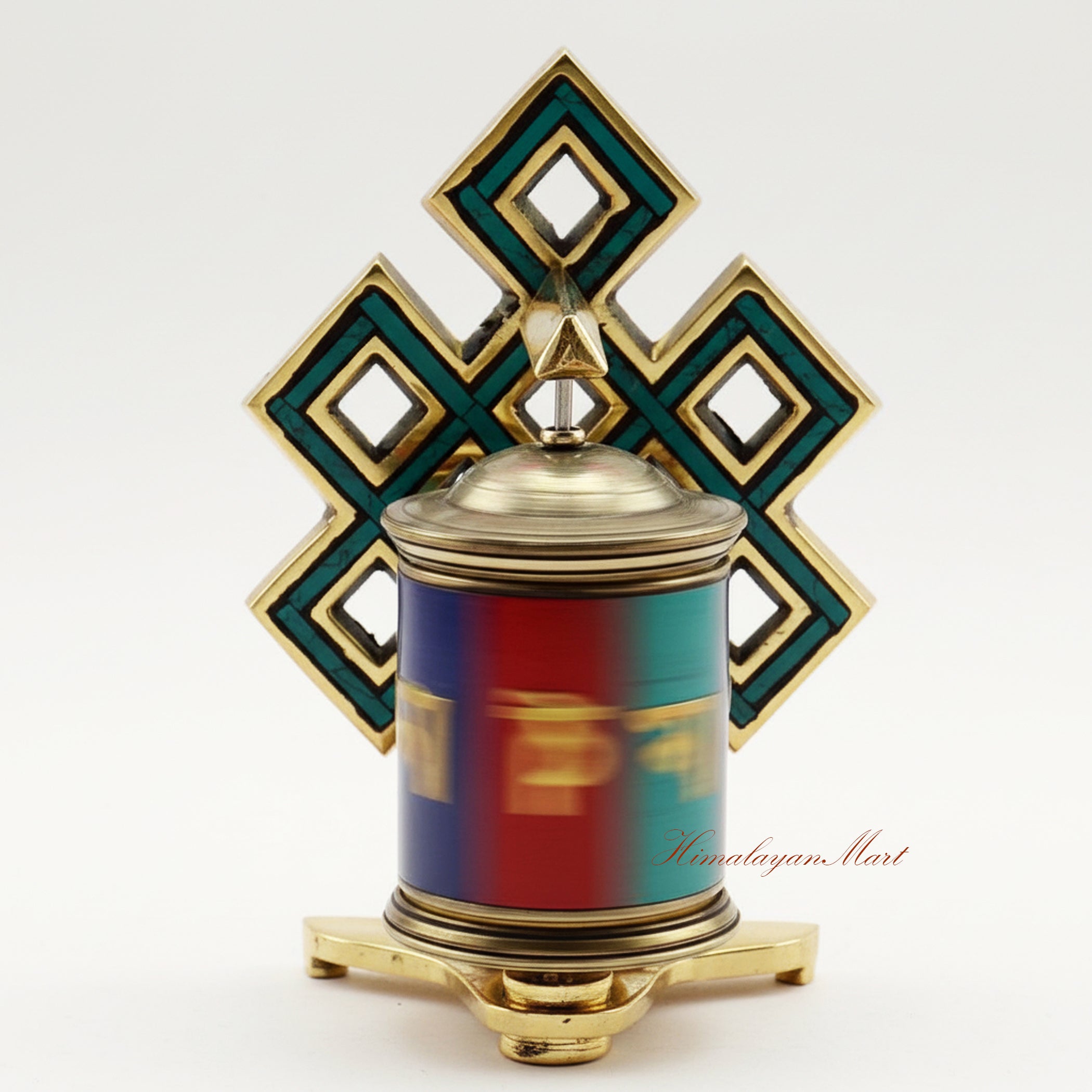 Tabletop Ritual Prayer Wheel in motion, demonstrating the traditional spinning practice for Buddhist meditation and prayer.