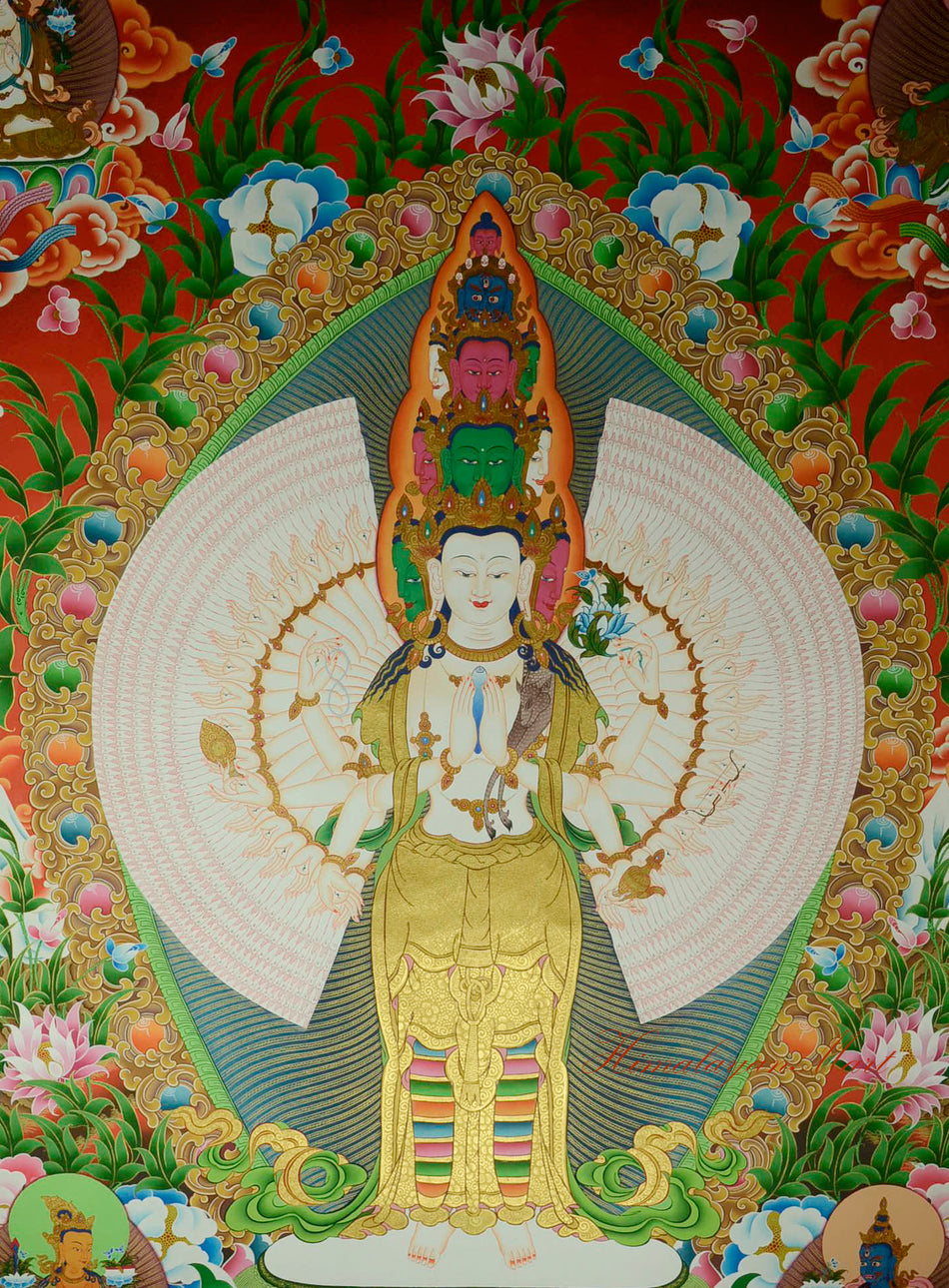 Close-up detail of the intricate brushwork and gold embellishments on the Avalokiteshvara Thangka.
