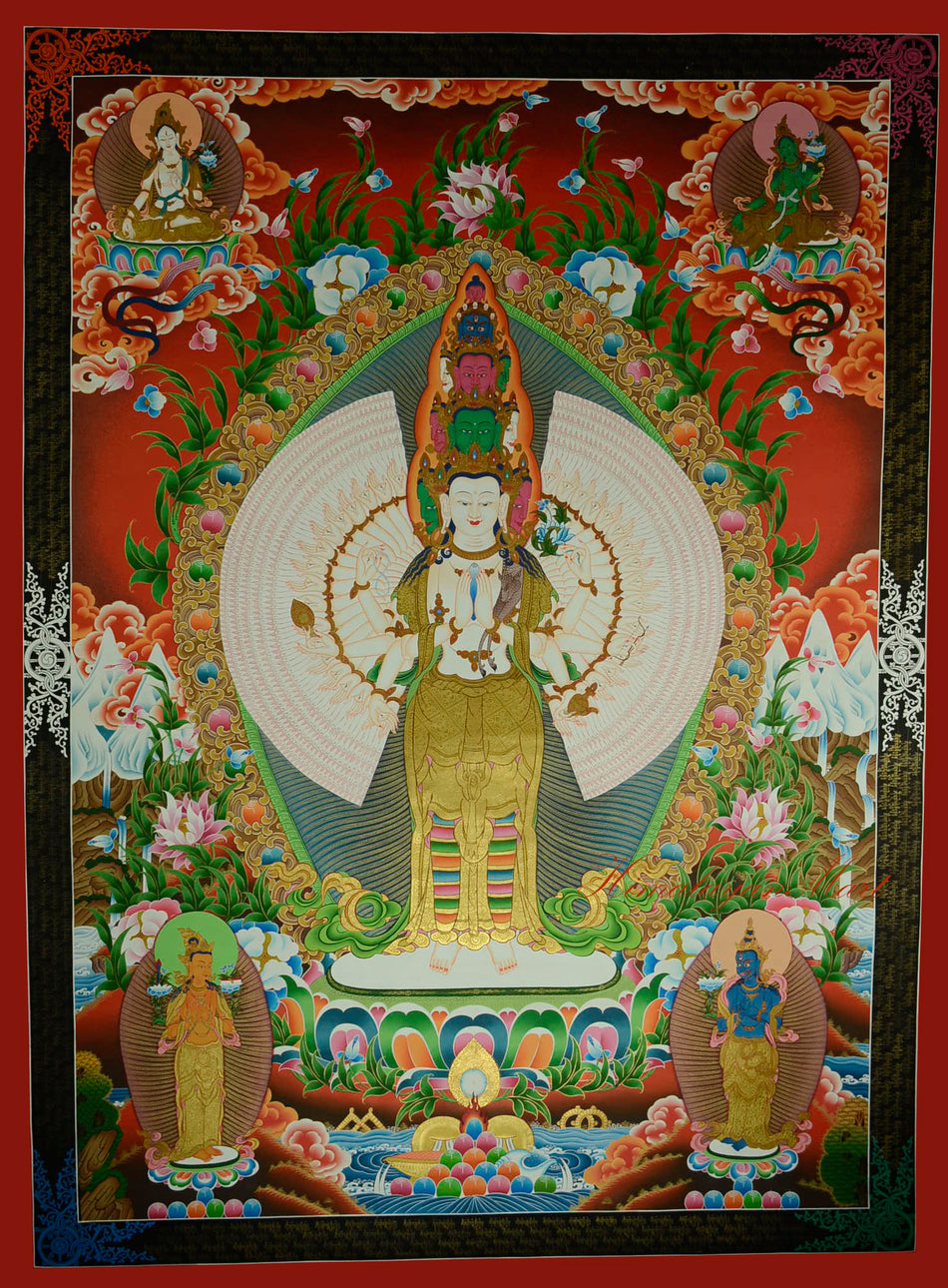 Hand-painted Thousand-Armed Avalokiteshvara Thangka on cotton canvas with 24K gold accents.