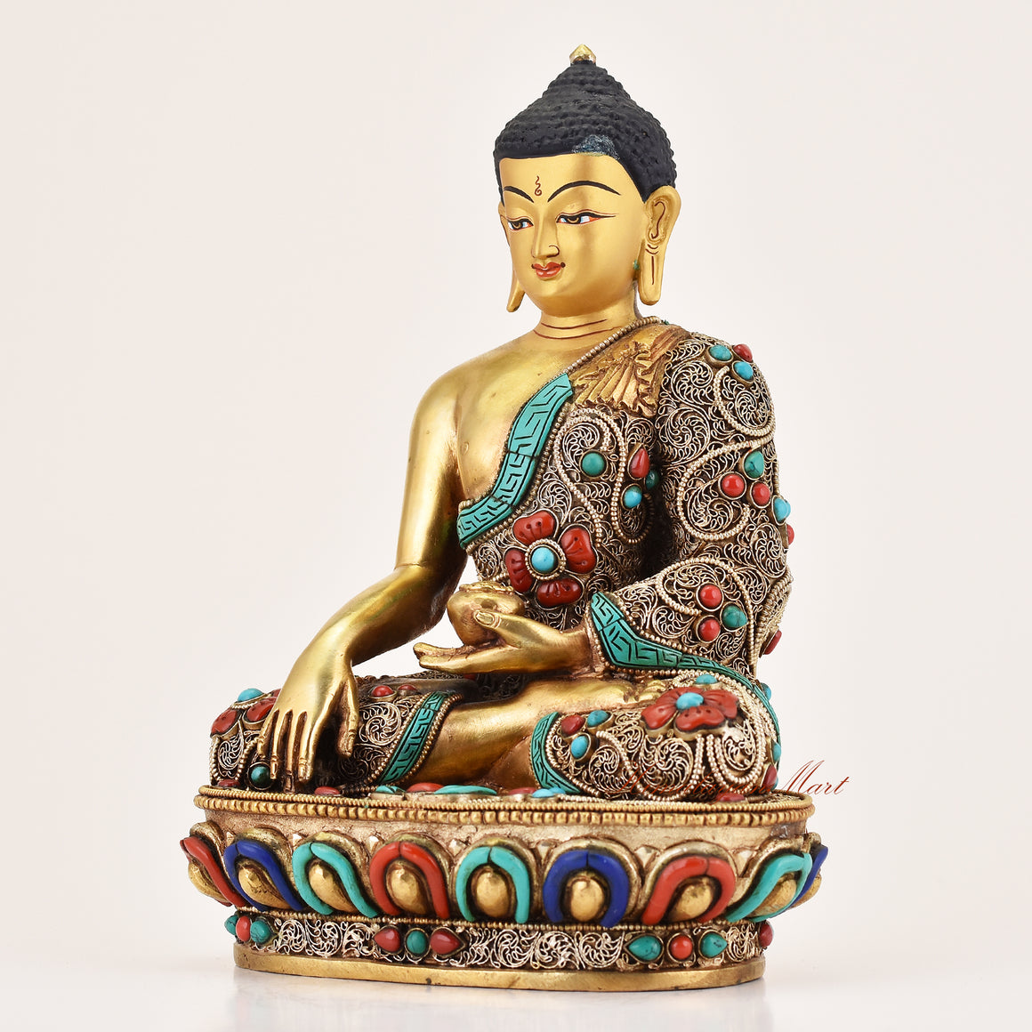 Left side view of Shakyamuni Buddha Tibetan altar statue, traditional handcrafted meditation sculpture