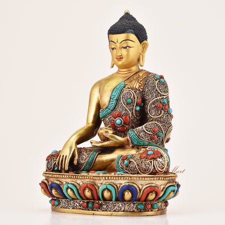 Left side view of Shakyamuni Buddha Tibetan altar statue, traditional handcrafted meditation sculpture
