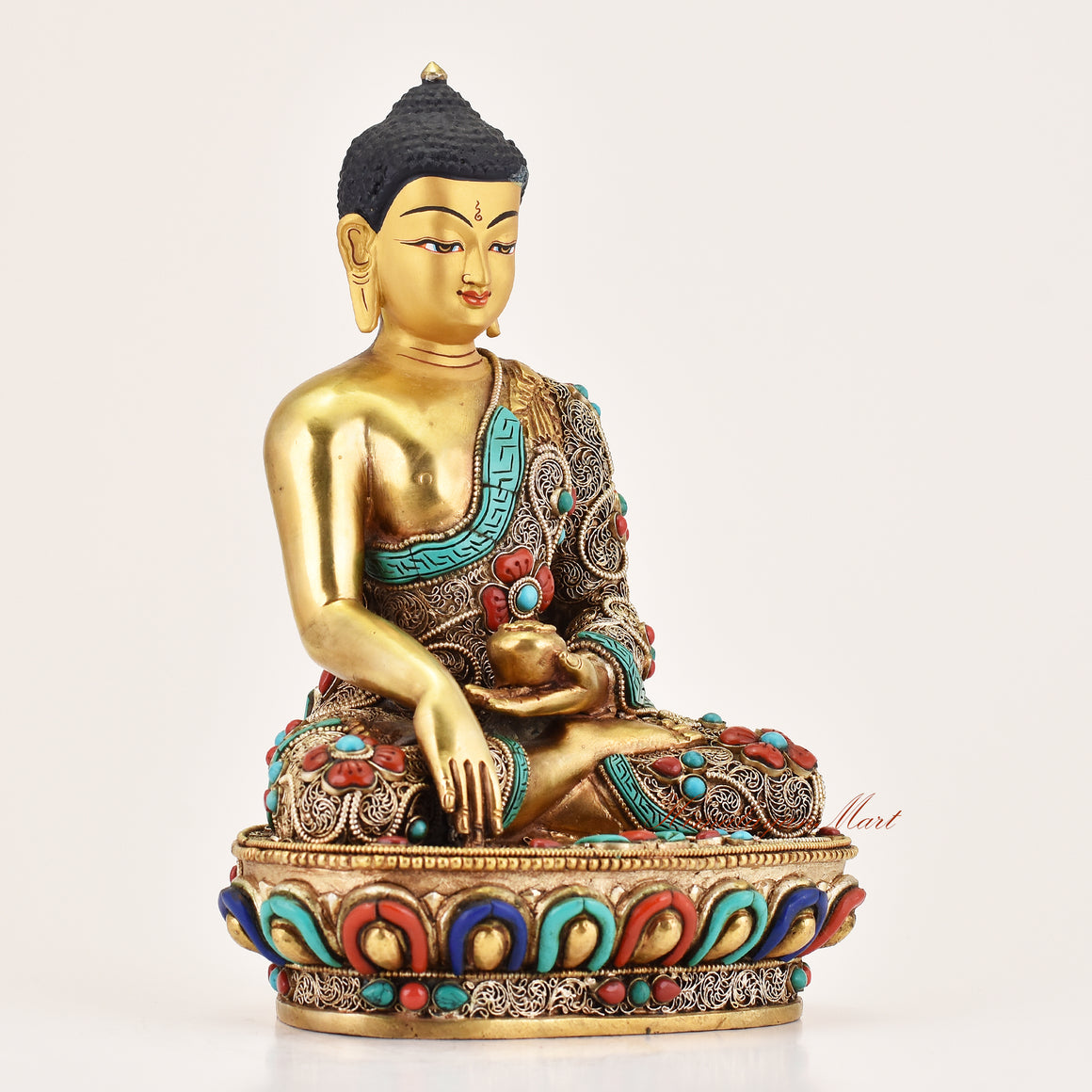 Right side view of Tibetan altar statue depicting Shakyamuni Buddha, handcrafted meditation sculpture with fine detailing