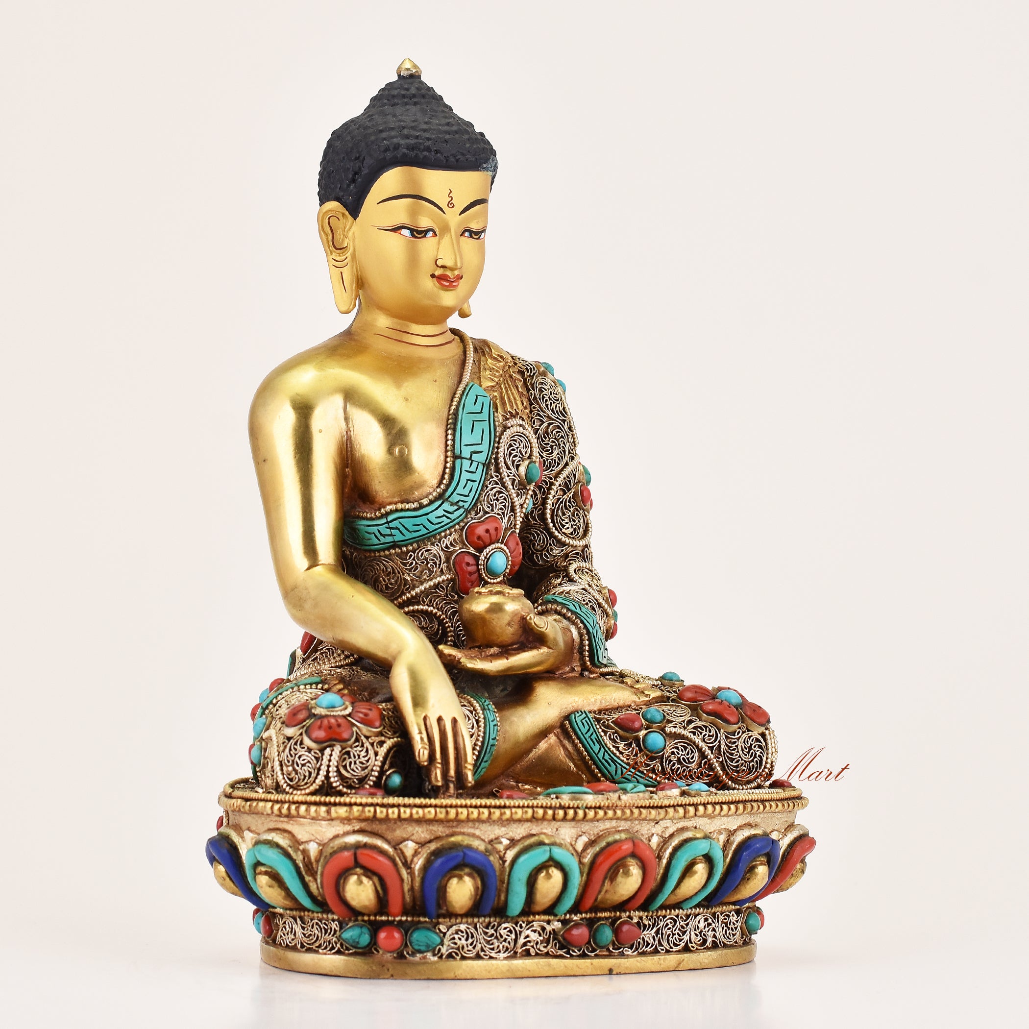 Right side view of Tibetan altar statue depicting Shakyamuni Buddha, handcrafted meditation sculpture with fine detailing