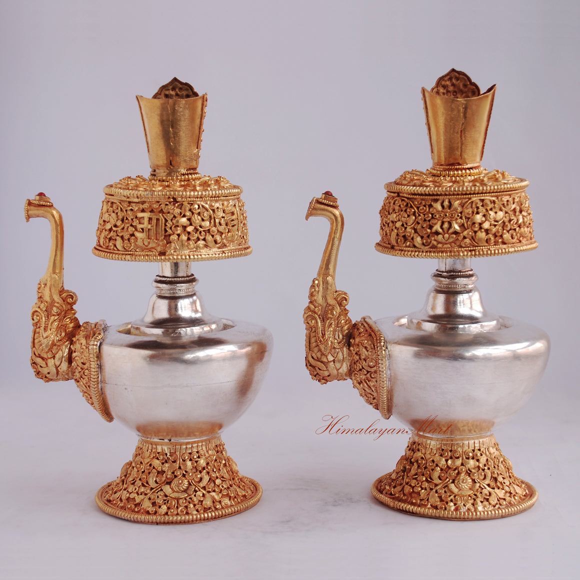 Left side view of Tibetan Bhumba Ritual Vase featuring coral and turquoise stone inlay and traditional Buddhist design