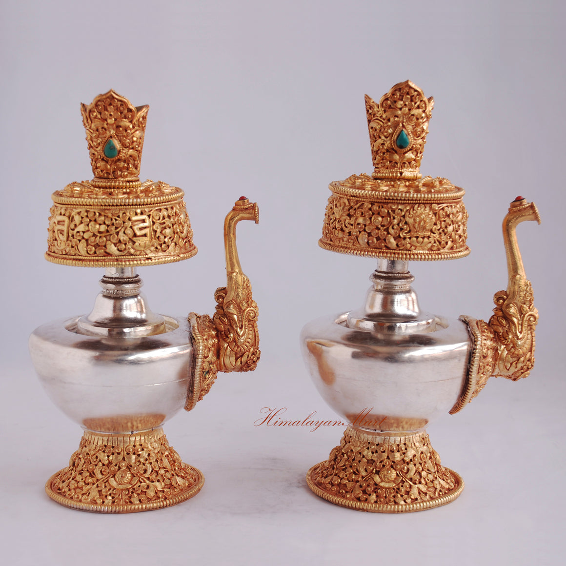 Right side view of Tibetan Bhumba Ritual Vase highlighting intricate hand carving and gemstone adornment