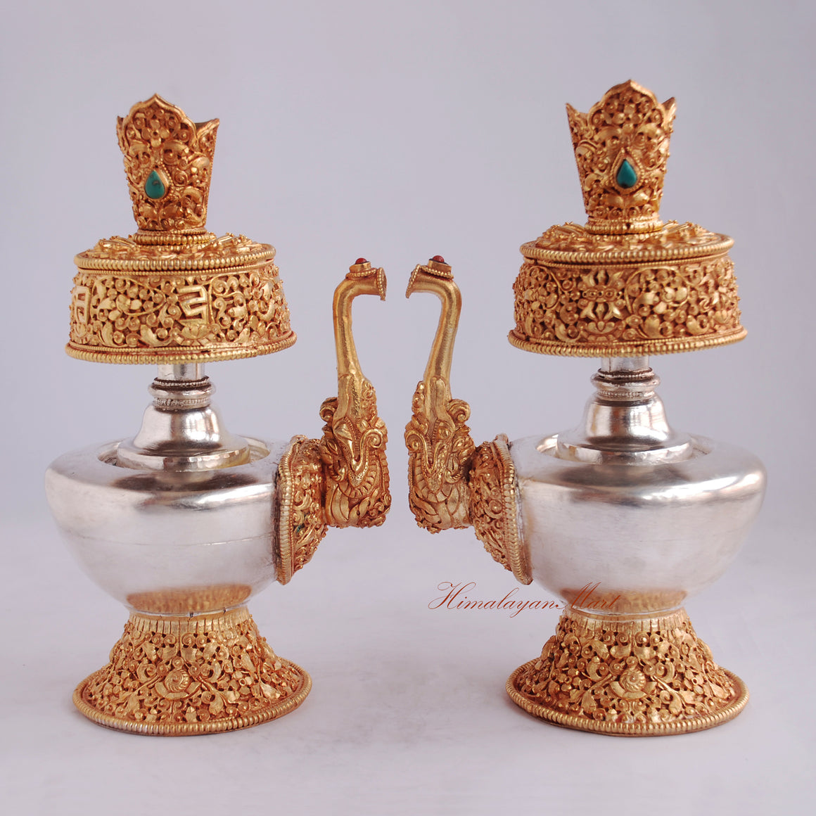 Tibetan Bhumba Ritual Vase handcrafted from copper with gold silver plating and coral turquoise gemstones, front view