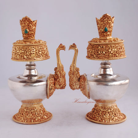 Tibetan Bhumba Ritual Vase handcrafted from copper with gold silver plating and coral turquoise gemstones, front view