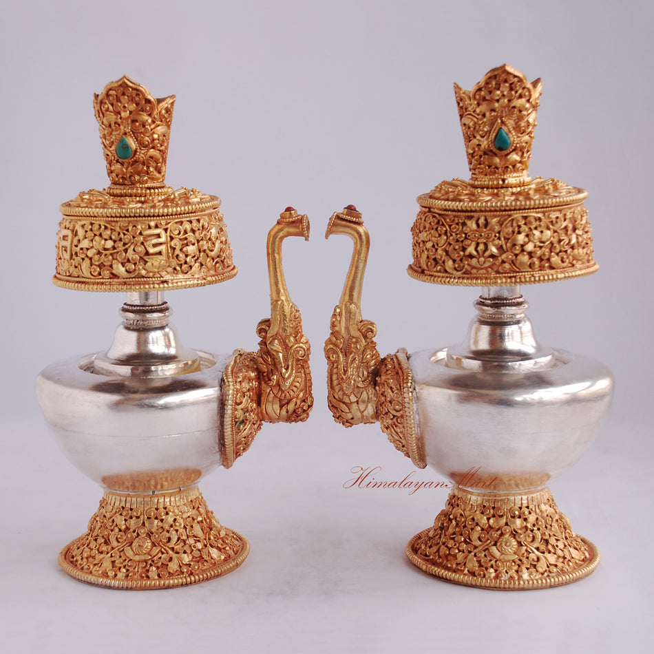 Tibetan Bhumba Ritual Vase handcrafted from copper with gold silver plating and coral turquoise gemstones, front view