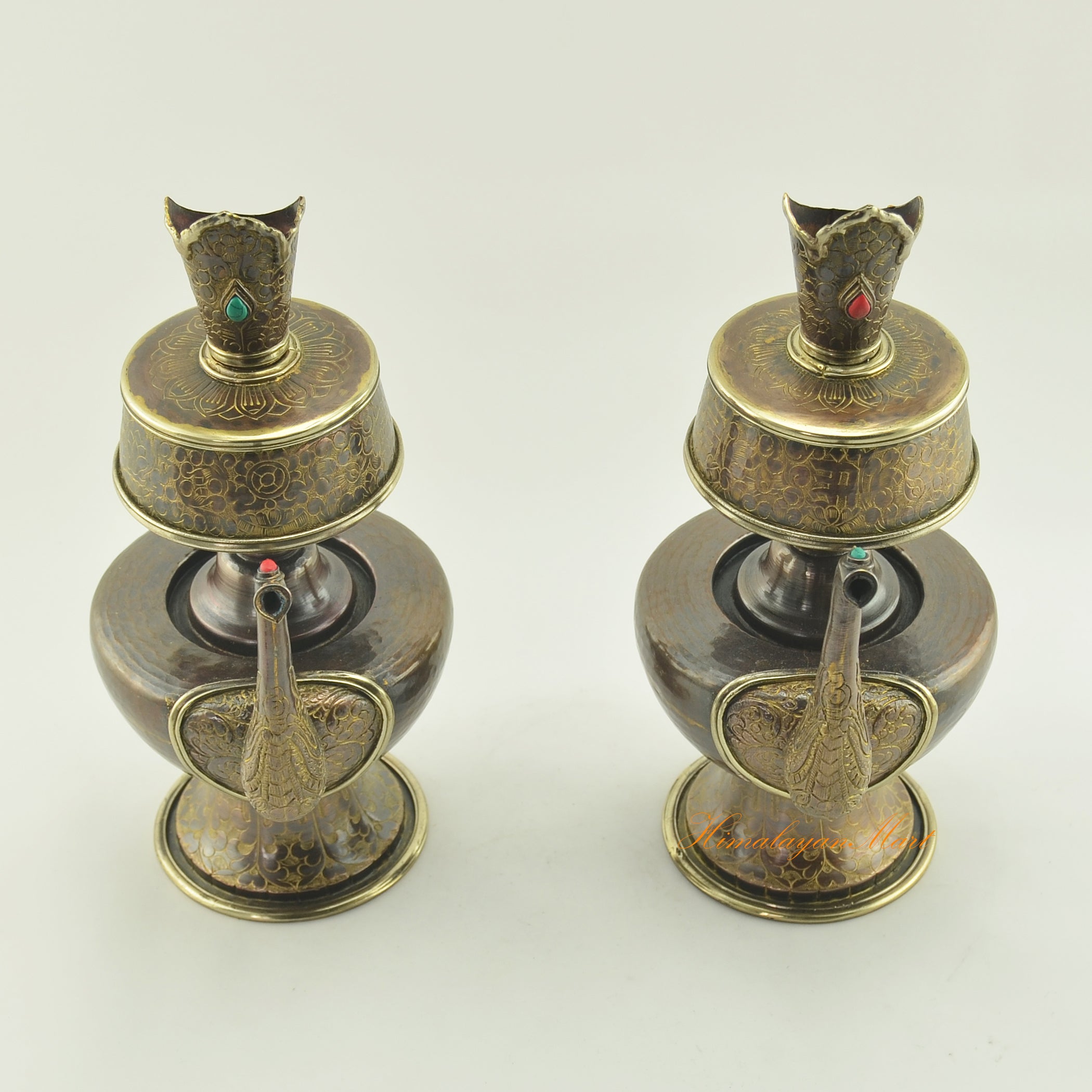 Top view of Tibetan Bhumba Set showing upper rim details, brass rings, and hand-carved oxidized copper surface