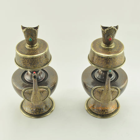 Top view of Tibetan Bhumba Set showing upper rim details, brass rings, and hand-carved oxidized copper surface