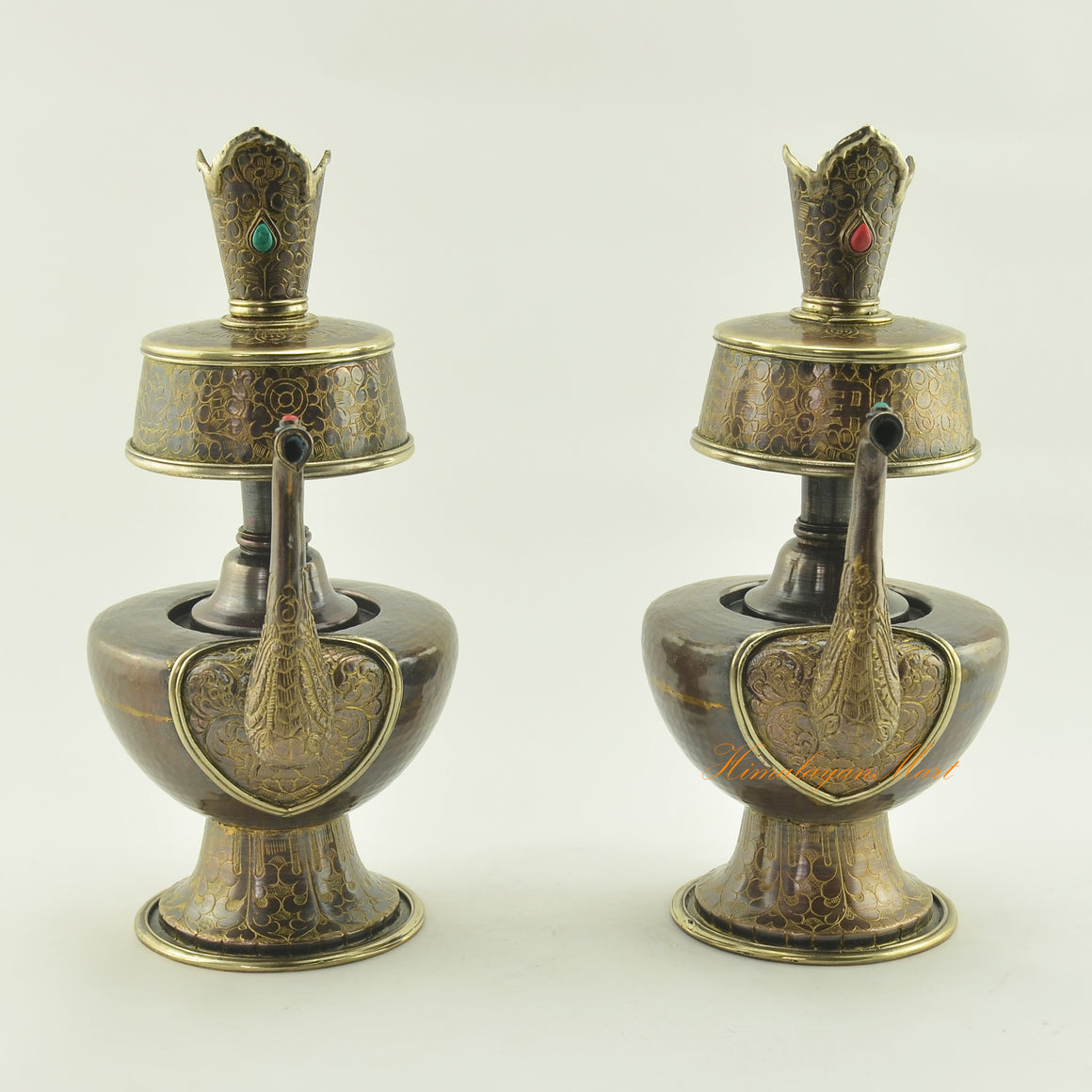 Tibetan Bhumba Set sacred Buddhist water offering vessels handcrafted in oxidized copper with coral and turquoise decoration