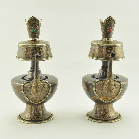 Tibetan Bhumba Set sacred Buddhist water offering vessels handcrafted in oxidized copper with coral and turquoise decoration