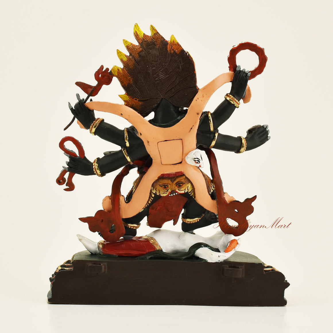 Back view of Tibetan Black Mahakala statue without frame, showing copper alloy casting and gold gilding detail
