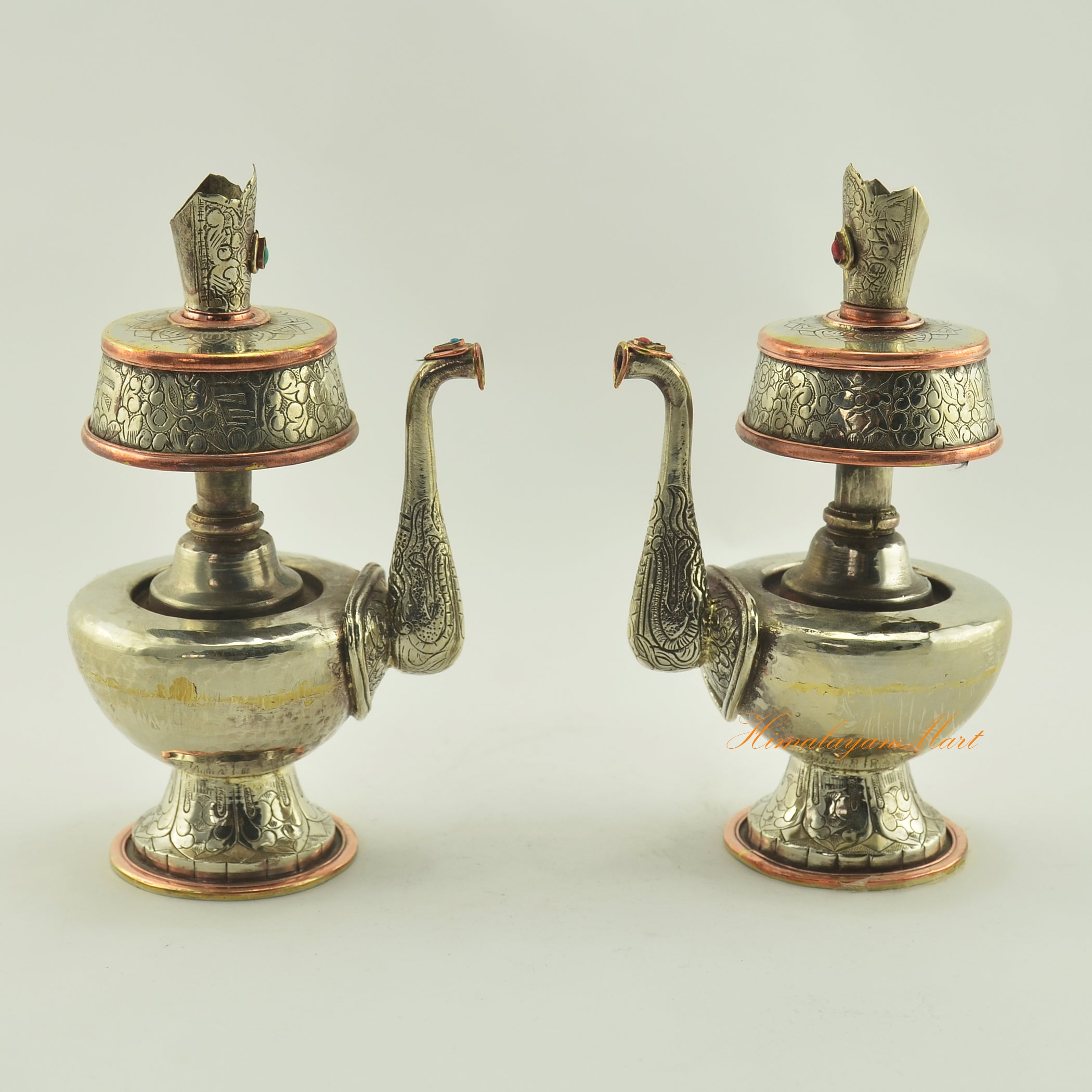 Tibetan Buddhist Ritual Bhumba set in white metal alloy with copper rings, shown side by side with hand carvings and coral turquoise inlay