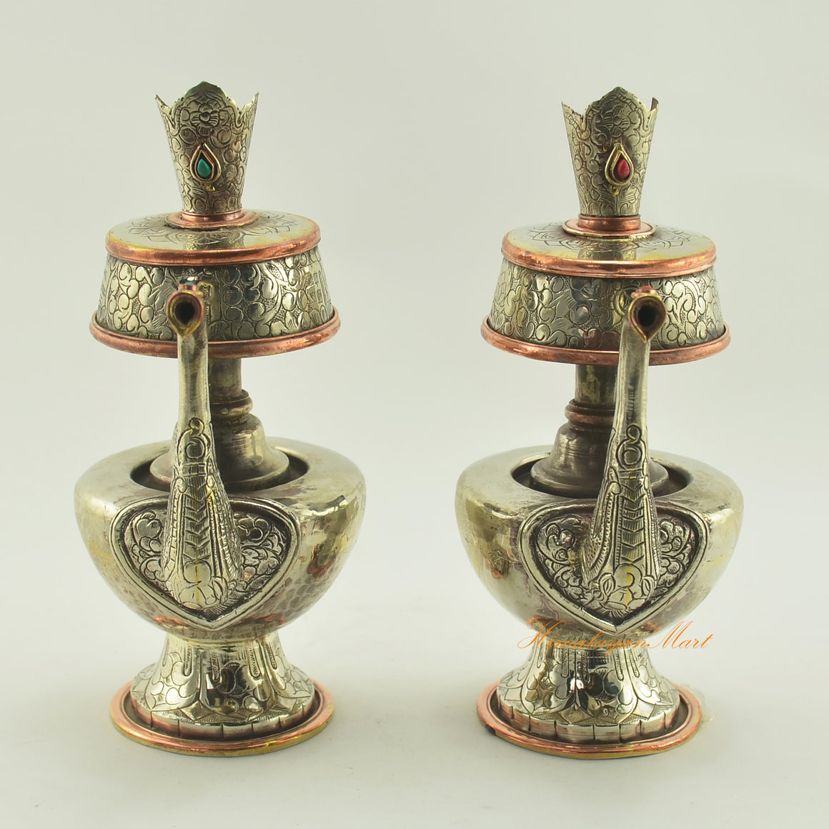 Tibetan Buddhist Ritual Bhumba white metal offering vase set featuring hand-carved details and coral turquoise stones