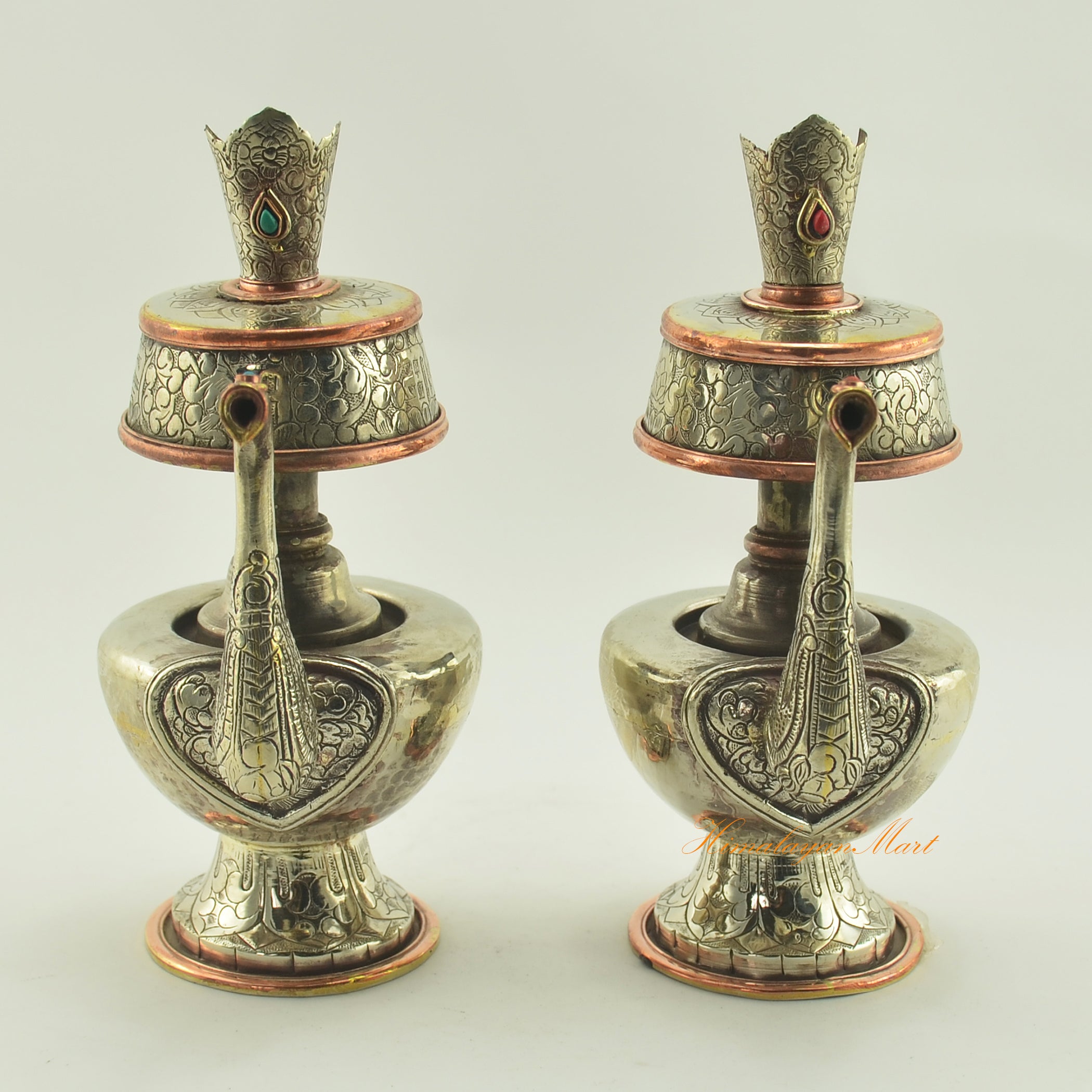 Tibetan Buddhist Ritual Bhumba white metal offering vase set featuring hand-carved details and coral turquoise stones
