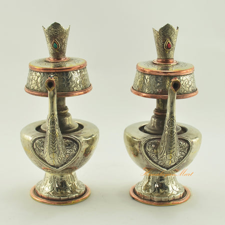 Tibetan Buddhist Ritual Bhumba white metal offering vase set featuring hand-carved details and coral turquoise stones