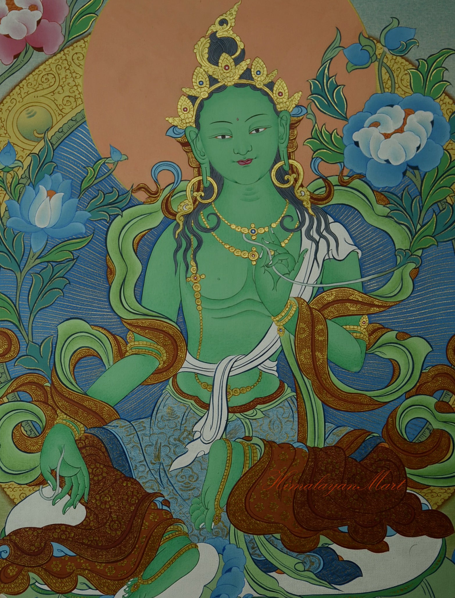 Detailed view of Green Tara in Tibetan Buddhist Thangka, showcasing fine brushwork and gold accents.