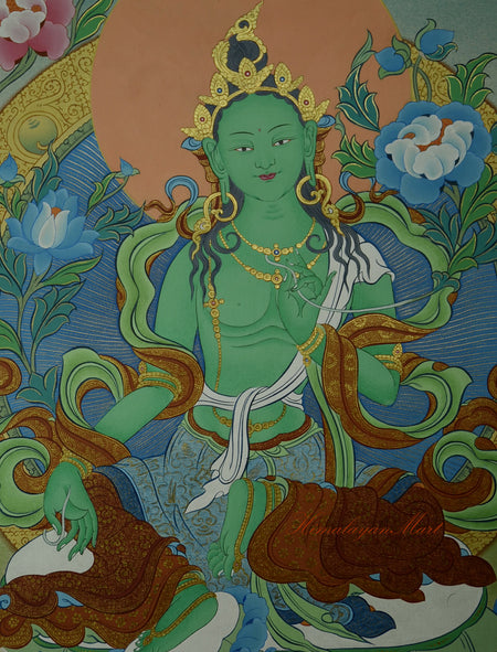 Detailed view of Green Tara in Tibetan Buddhist Thangka, showcasing fine brushwork and gold accents.